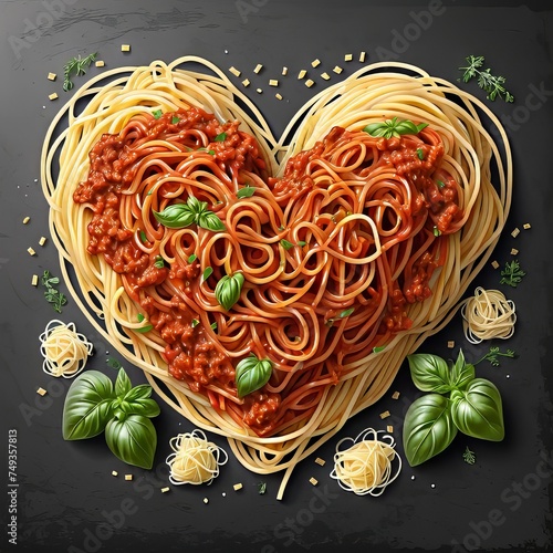 I love spaghetti! Heart shaped noodles with bolognese sauce and basil decoration | Perfect for restaurant menu and advertisment photo