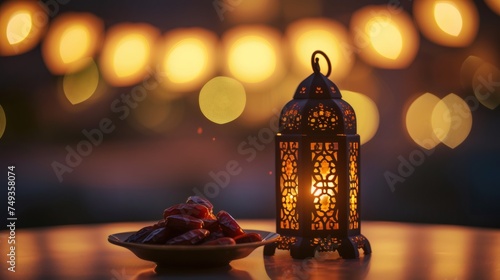 Ramadan Eid background with star crescent moon lights, moon decorative elements and lanterns.