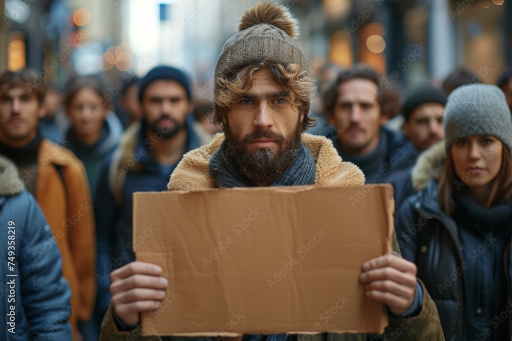 Protestors on the street holding blank cardboard banner sign. Global strike for change. Protestors on the street holding blank cardboard banner sign. Global strike for change.