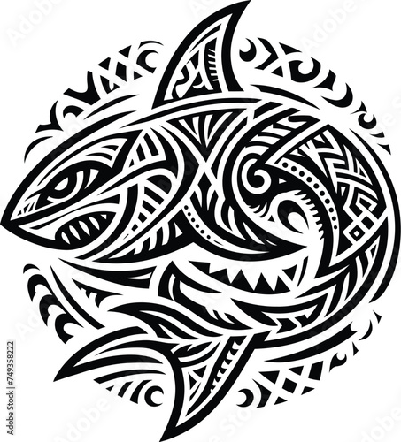 shark, fish animal silhouette in ethnic tribal tattoo,