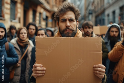 Protestors on the street holding blank cardboard banner sign. Global strike for change. © AIExplosion