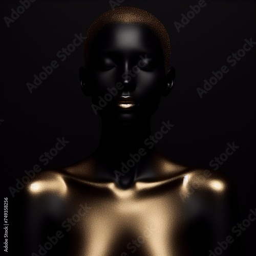 Beautiful woman with golden skin on black background