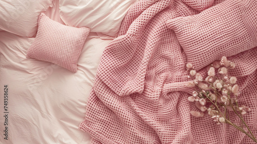 Bedding with a pink knitted plaid. Copy space. Flat lay, top view. Generative AI