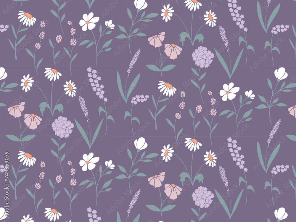 Seamless multicolored pastel botanic pattern of flowers, plants in flat style. Elegant, aesthetic, stylish hand drawing doodles of vector vintage botanical elements. 