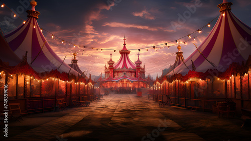 Colorful circus tents at night. Wedding day.Vibrant Night: Circus Tent Entry Glowing with Colorful Lights