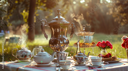Boiling samovar, tea party outdoor picnic Generative AI photo