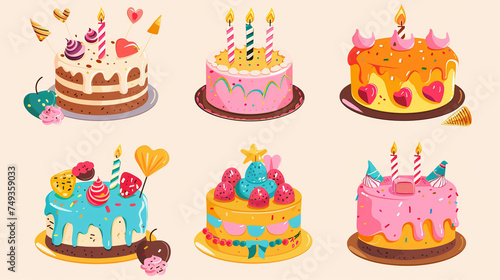 Birthday cakes set vector design. Birthday cake collection with colorful and yummy flavor. Vector illustration party elements collection. Generative AI