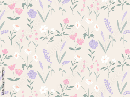 Seamless multicolored pastel botanic pattern of flowers  plants in flat style. Elegant  aesthetic  stylish hand drawing doodles of vector vintage botanical elements. 