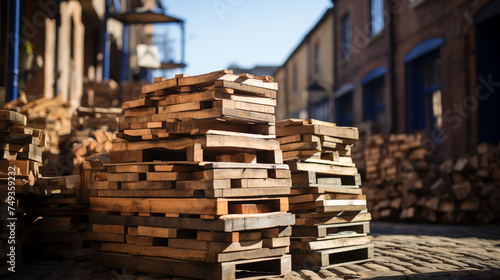 a large pile of wood sitting next to a building сreated with Generative Ai