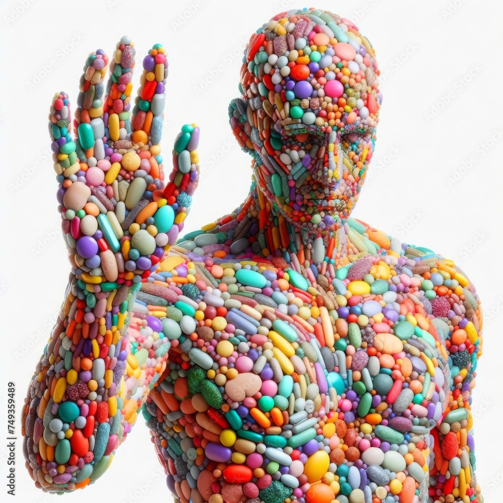 Menschliche, gläserne Figur, die mit Tabletten, Dragees und Kapseln gefüllt ist auf weißem Hintergrund.