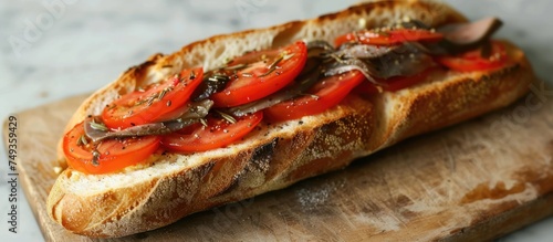 This close-up shot captures a delicious baguette sandwich filled with fresh tomato slices and flavorful anchovies on a wooden cutting board.