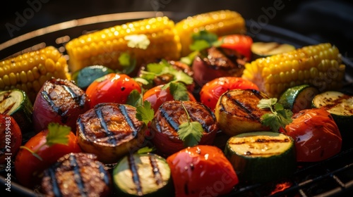 Sunset barbecue with friends  grilled veggies and juicy meat on the grill, a delightful summer meal.