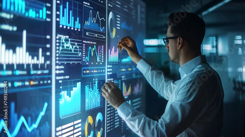businessman or data analyst analyzing business growth data statics on virtual screen, business analysis virtual graph display, growth strategy, sales marketing digital data