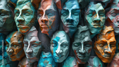 Many faces symbolizing different emotions or multiple personalities. Generative AI