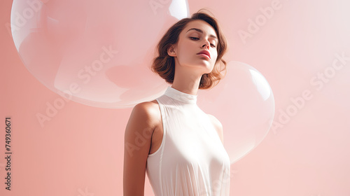 a beautiful model wearing a white dress standing in front of a floating bubbles with pink background 