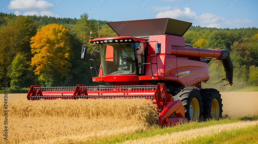 Fototapeta premium Picturesque panoramic view of ripe wheat field being harvested by combine and agricultural machinery