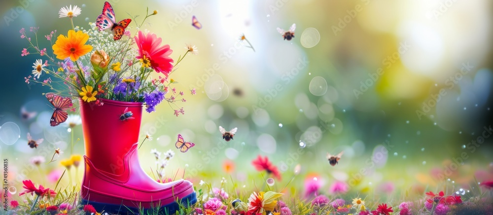 Pink rubber boot with spring flowers inside and butterflies around on bright background, concept of the arrival and celebration of spring, banner with copyspace - obrazy, fototapety, plakaty 
