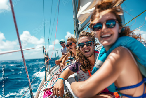 Group of friends enjoy sailing on sea. Young sailors on summer adventure trip.
