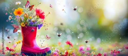 Pink rubber boot with spring flowers inside and butterflies around on bright background, concept of the arrival and celebration of spring, banner with copyspace photo