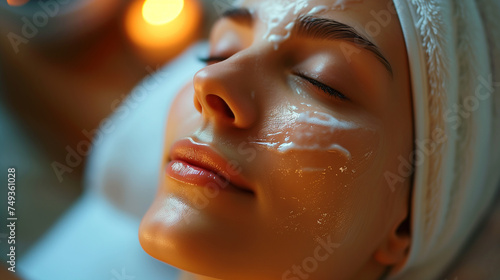 Beautiful woman is having a facial mask applied to her face during a spa treatment