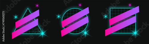 Set of retro futurism shapes, flyer geometric elements. Holographic backlighting in the 80s - 90s. Futuristic vaporwave design. Fashionable forms for merch and t-shirts. Vector set of glitch elements.