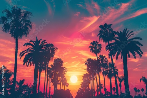 80s Retro-Futurism Sunset with Palm Trees