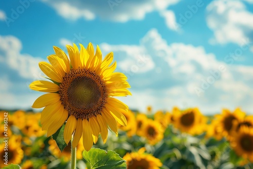 Sunflower Field at Peak Bloom Against Summer Sky  
