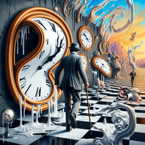 Fantastical depiction of a man walking through a melting clock landscape, evoking themes of time and surrealism