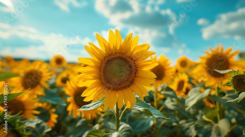 Sunflower Field at Peak Bloom Against Summer Sky