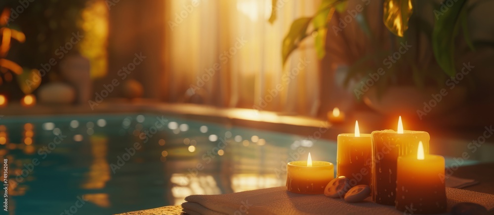 Elegant luxury spa area near a bathtub pool with folded fluffy white towels in a spa in soft colors, with softly lit candles around and flowers and plants nearby