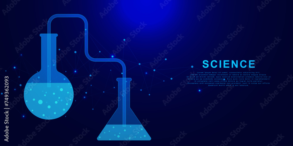 Science and chemistry lab equipment with glass flasks. Chemical laboratory experiment and business medicine concept on dark blue background. Science and chemistry lab equipment with glass flasks. Chemical laboratory experiment and business medicine concept on dark blue background.