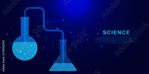Science and chemistry lab equipment with glass flasks. Chemical laboratory experiment and business medicine concept on dark blue background.
