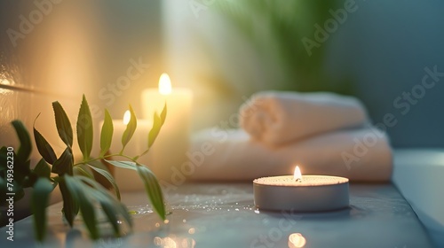 Elegant luxury spa area with folded fluffy white towels in a spa center in soft colors  with softly lit candles around and flowers and plants nearby