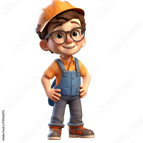 3d illustration of construction manager, construction worker on construction site, child with helmet