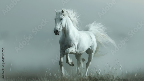 Ethereal Monotone The Majestic White Arabian Horse Rearing on Back Legs, generative ai