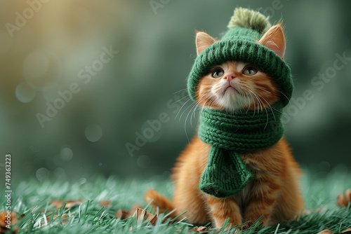 A festive ginger cat dons a green hat and scarf, celebrating St. Patricks Day against a vibrant green background, copy space