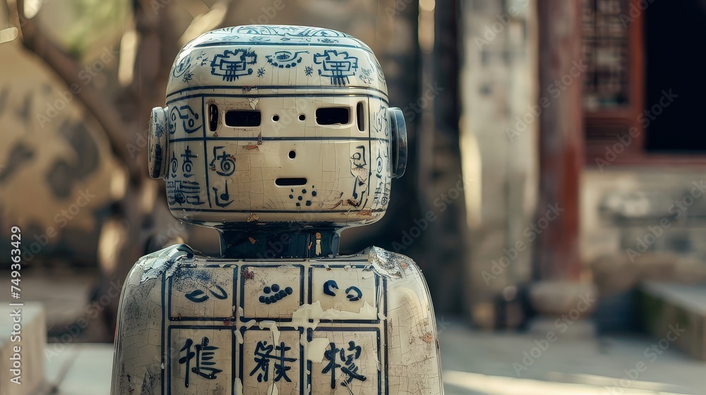 In a city of tomorrow a ceramic robot its frame etched with traditional ...
