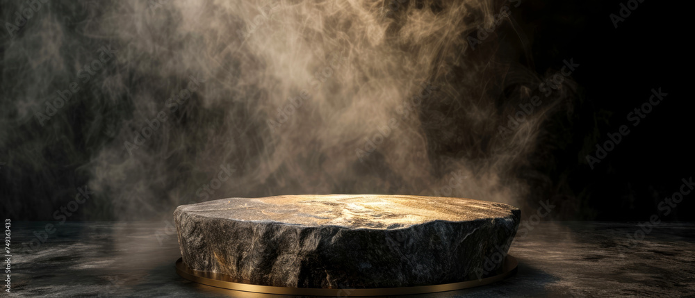 Stone platform, podium with gold shimmer texture, smoke, steam, lights, sparkles on dark background. Mock up with lights effect. Generative AI Stone platform, podium with gold shimmer texture, smoke, steam, lights, sparkles on dark background. Mock up with lights effect. Generative AI