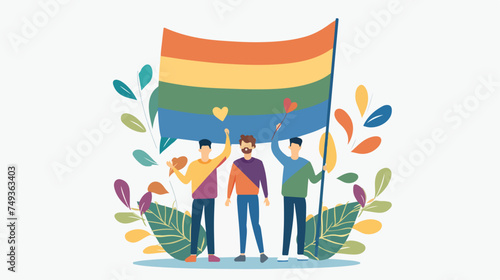 Young men hold a rainbow LGBT pride flag. Sexual minor
