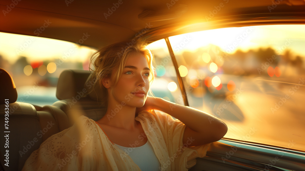 Fototapeta premium Cinematic shot of woman sitting back in the car