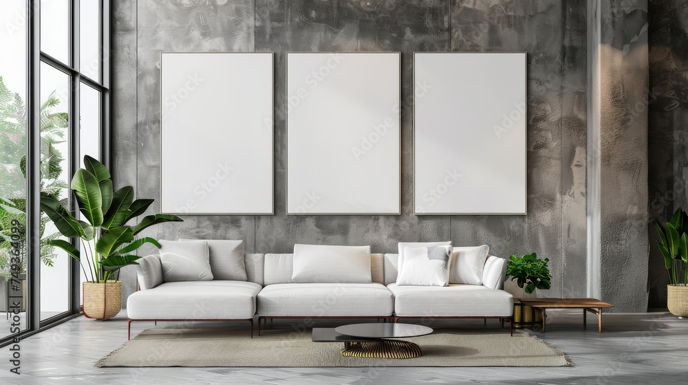 An elegantly designed living room with a modern white couch, framed blank mockup canvases on a textured wall, complemented by vibrant green houseplants. An elegantly designed living room with a modern white couch, framed blank mockup canvases on a textured wall, complemented by vibrant green houseplants.