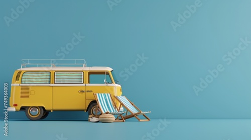 Small hippie yellow minivan on a sunny summer day with a sunbathing chair. Summer holiday concept at sea or ocean 