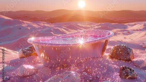 A luxury glitter bathtub sits in the middle of a field of flowers and sand dunes. The sun is setting and the sky is a warm yellow color. © wing