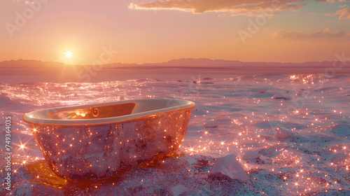 A luxury glitter bathtub sits in the middle of a field of flowers and sand dunes. The sun is setting and the sky is a warm yellow color. © wing