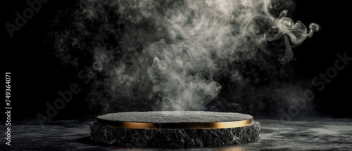 Stone platform, podium with gold shimmer texture, smoke, steam, lights, sparkles on dark background. Mock up with lights effect. Generative AI 
