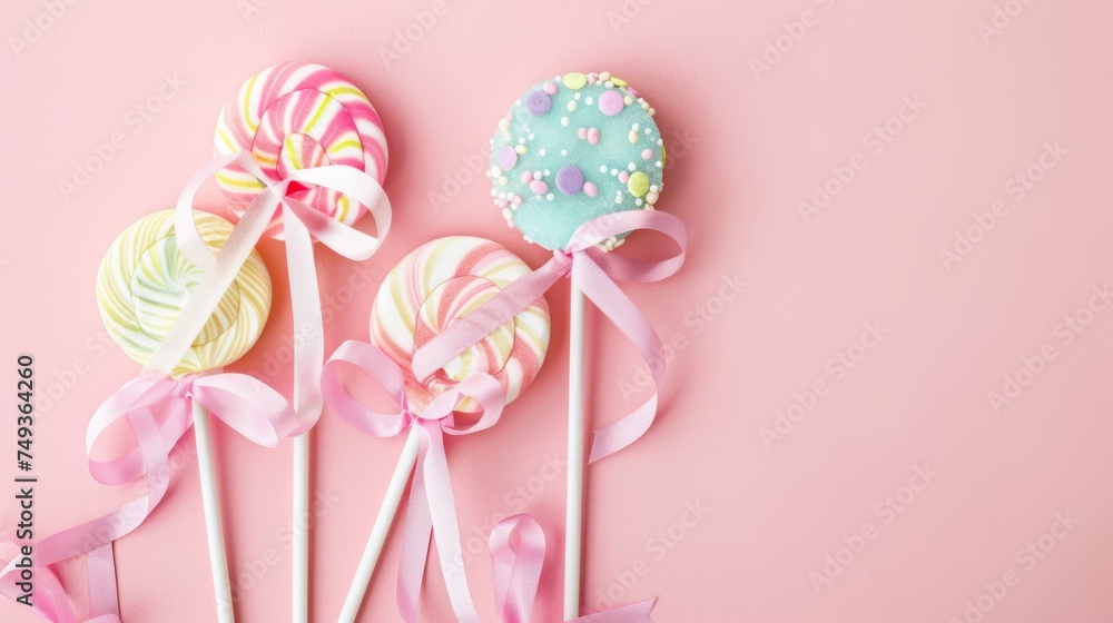 Colorful swirl lollipops with elegant bows against a pink backdrop, perfect for occasions celebrating joy and sweetness.