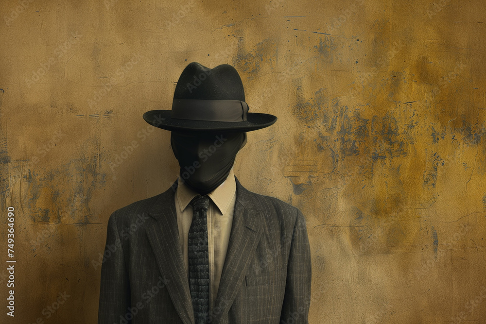 Man in suit, hat and black mask covering his face