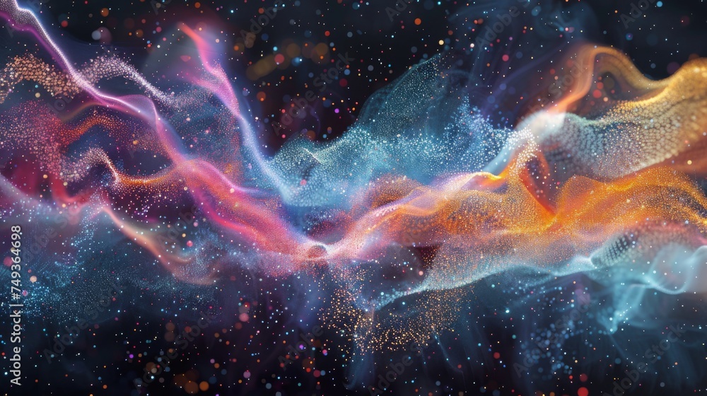 Digital art capturing the swirling motion of cosmic dust and nebulae, rendered in a spectrum of vivid, sparkling colors against the dark void of space. Digital art capturing the swirling motion of cosmic dust and nebulae, rendered in a spectrum of vivid, sparkling colors against the dark void of space.