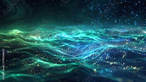 Digital art of undulating waves filled with sparkling blue particles, simulating a dynamic, illuminated underwater scene.