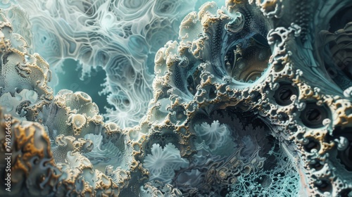 Close-up of complex fractal structures with a beautiful blend of turquoise and gold, creating a mesmerizing abstract image.